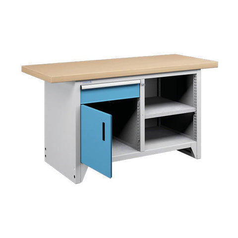 Polstore Modular Workbench With 1 Door, 1 Drawer & 2 Shelves - Light Grey/Light Blue - 1500mm (W) x 750mm (D)