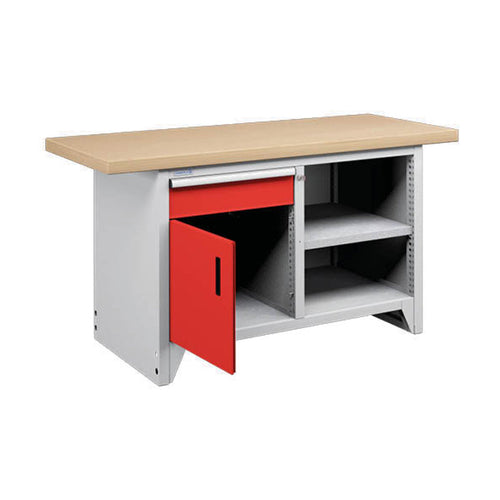 Polstore Modular Workbench With 1 Door, 1 Drawer & 2 Shelves - Light Grey/Red - 1500mm (W) x 750mm (D)