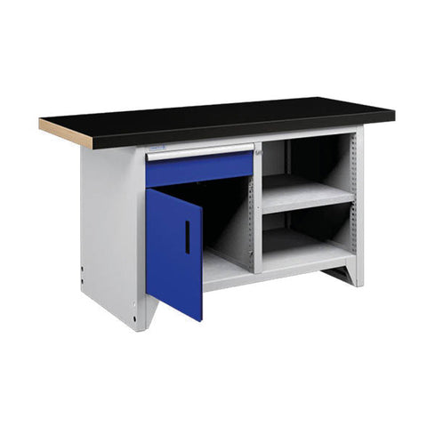 Polstore Modular Workbench With 1 Door, 1 Drawer & 2 Shelves - Rubber Cover - Light Grey/Dark Blue - 1500mm (W) x 750mm (D)