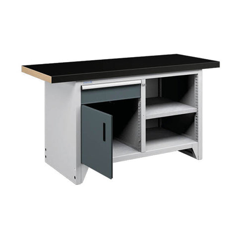 Polstore Modular Workbench With 1 Door, 1 Drawer & 2 Shelves - Rubber Cover - Light Grey/Dark Grey - 1500mm (W) x 750mm (D)