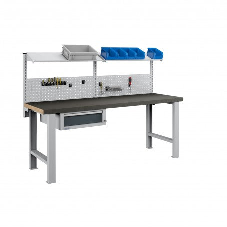 Polstore Workbench Comb- 1 Draw, 2 Panels & 2 Shelves Multiplex Top - Rubber Cover - Light Grey/Dark Grey - 2000mm(w) x 750mm(d)