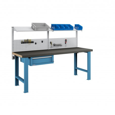 Polstore Workbench Combo - 1 Draw, 2 Panels & 2 Shelves Multiplex Top - Rubber Cover - Light Blue - 2000mm(w) x 750mm(d)