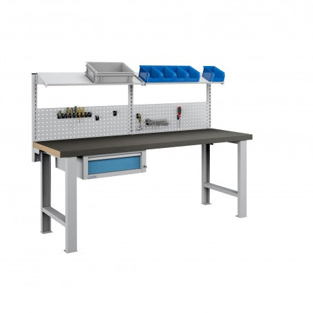 Polstore Workbench Combo - 1 Draw, 2 Panels & 2 Shelves Multiplex Top - Rubber Cover - Grey/Blue - 2000mm(w) x 750mm(d)