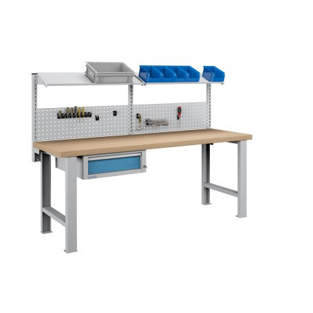 Polstore Workbench Combo - 1 Draw, 2 Panels & 2 Shelves Multiplex Top - Light Grey/Light Blue - 2000mm(w) x 750mm(d)