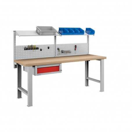 Polstore Workbench Combo - 1 Draw, 2 Panels & 2 Shelves Multiplex Top - Light Grey/Red - 2000mm(w) x 750mm(d)