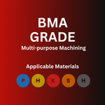 BMA Grade multi-purpose machining material applicability chart with colored circles labeled P, M, K, S, H on a red background.