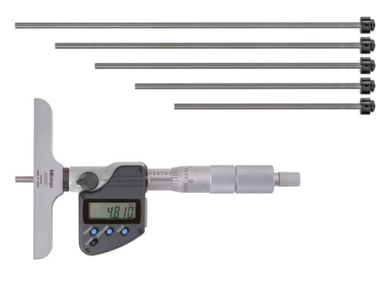 Mitutoyo Digimatic Interchangeable Rod Depth Micrometer Inch/Metric, 0-6", incl. 6 Rods