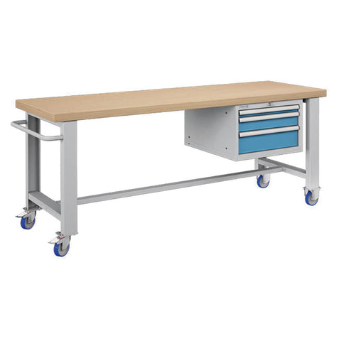Polstore Standard Mobile Workbench - 3 Draws - Light Grey/Light Blue - 2065mm(W) x 750mm(D) x 908mm(H)