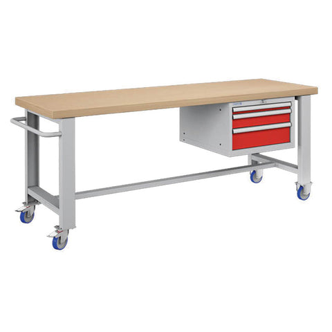 Polstore Standard Mobile Workbench - 3 Draws - Light Grey/Red - 2065mm(W) x 750mm(D) x 908mm(H)