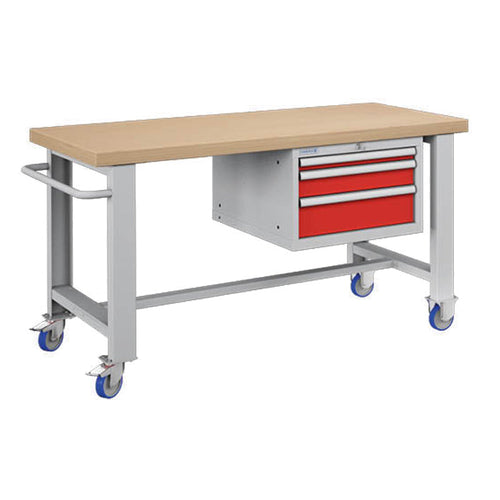 Polstore Standard Mobile Workbench - 3 Draws - Light Grey/Red - 1500mm(W) x 750mm(D) x 908mm(H)