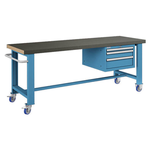 Polstore Standard Mobile Workbench - 3 Draws & Rubber Cover - Light Blue - 2065mm(W) x 750mm(D) x 908mm(H)