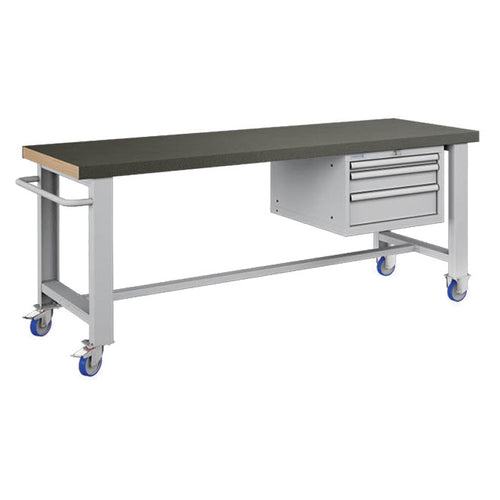 Polstore Standard Mobile Workbench - 3 Draws & Rubber Cover - Light Grey - 2065mm(W) x 750mm(D) x 908mm(H)