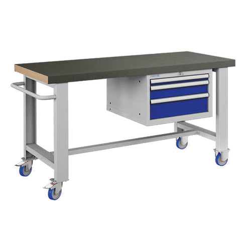 Polstore Standard Mobile Workbench - 3 Draws & Rubber Cover - Light Grey/Dark Blue - 1500mm(W) x 750mm(D) x 908mm(H)