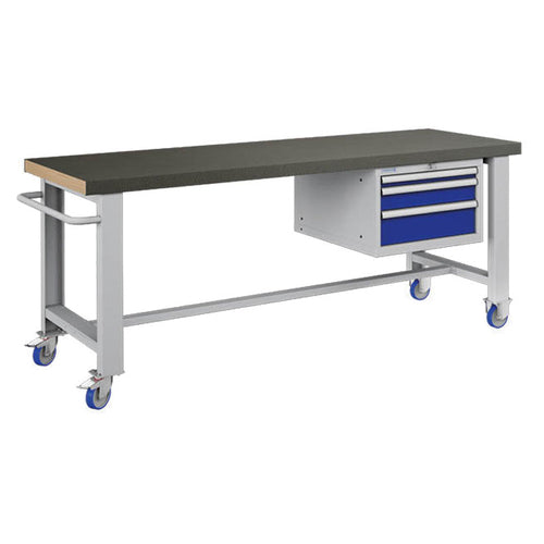 Polstore Standard Mobile Workbench - 3 Draws & Rubber Cover - Light Grey/Dark Blue - 2065mm(W) x 750mm(D) x 908mm(H)