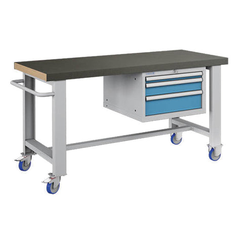 Polstore Standard Mobile Workbench - 3 Draws & Rubber Cover - Light Grey/Light Blue - 1500mm(W) x 750mm(D) x 908mm(H)