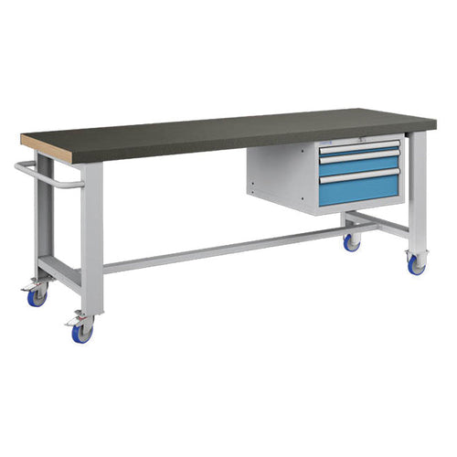 Polstore Standard Mobile Workbench - 3 Draws & Rubber Cover - Light Grey/Light Blue - 2065mm(W) x 750mm(D) x 908mm(H)