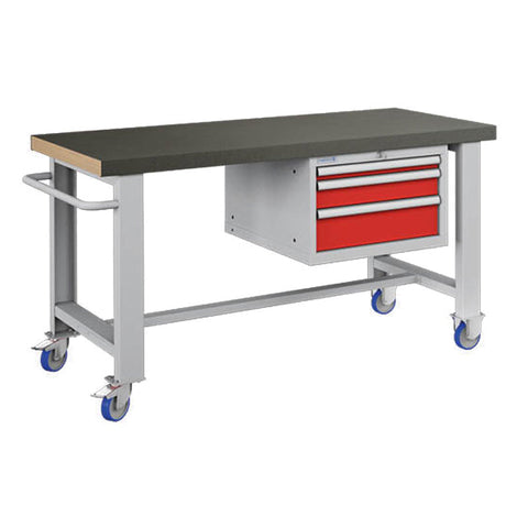 Polstore Standard Mobile Workbench - 3 Draws & Rubber Cover - Light Grey/Red - 1500mm(W) x 750mm(D) x 908mm(H)
