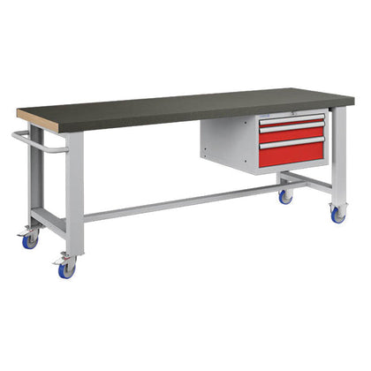 Polstore Standard Mobile Workbench - 3 Draws & Rubber Cover - Light Grey/Red - 2065mm(W) x 750mm(D) x 908mm(H)