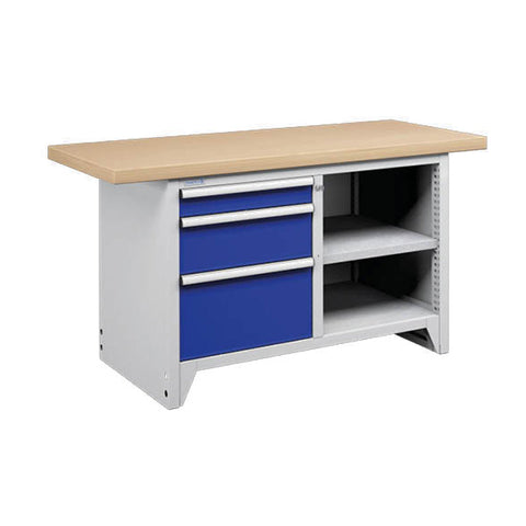 Polstore Modular Workbench With 3 Drawers & 2 Shelves - Light Grey/Dark Blue - 1500mm (W) x 750mm (D)