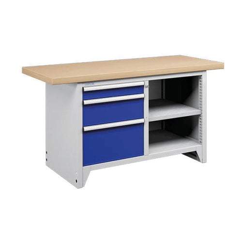 Polstore Modular Workbench With 3 Drawers & 2 Shelves - Light Grey/Dark Blue - 1500mm (W) x 750mm (D)
