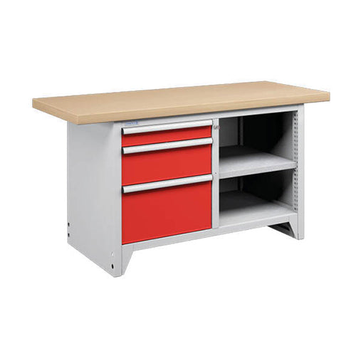 Polstore Modular Workbench With 3 Drawers & 2 Shelves - Light Grey/Red - 1500mm (W) x 750mm (D)