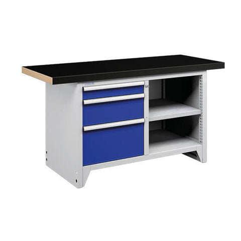 Polstore Modular Workbench With 3 Drawers & 2 Shelves - Rubber Cover - Light Grey/Dark Blue - 1500mm (W) x 750mm (D)