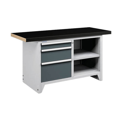 Polstore Modular Workbench With 3 Drawers & 2 Shelves - Rubber Cover - Light Grey/Dark Grey - 1500mm (W) x 750mm (D)