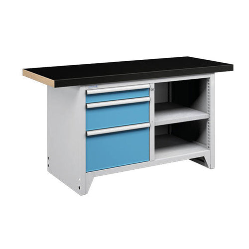 Polstore Modular Workbench With 3 Drawers & 2 Shelves - Rubber Cover - Light Grey/Light Blue - 1500mm (W) x 750mm (D)
