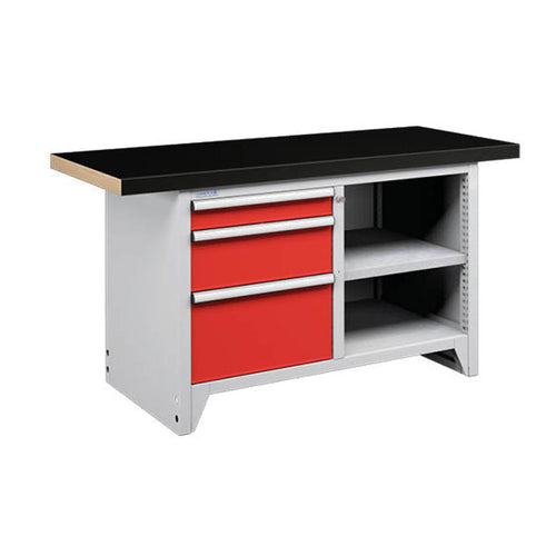 Polstore Modular Workbench With 3 Drawers & 2 Shelves - Rubber Cover - Light Grey/Red - 1500mm (W) x 750mm (D)