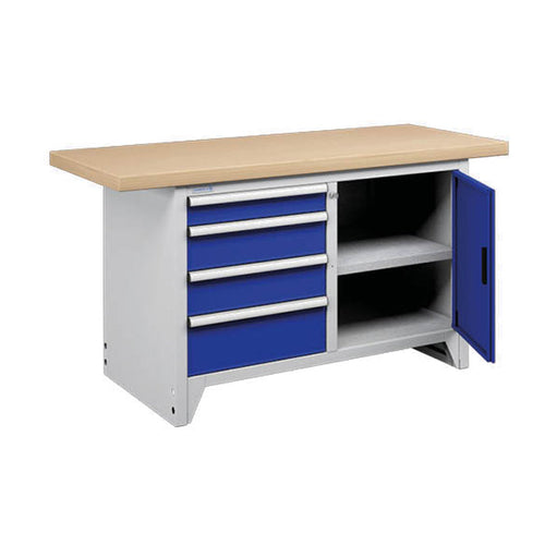 Polstore Modular Workbench With 4 Drawers & 2 Shelves - Light Grey/Dark Blue - 1500mm (W) x 750mm (D)