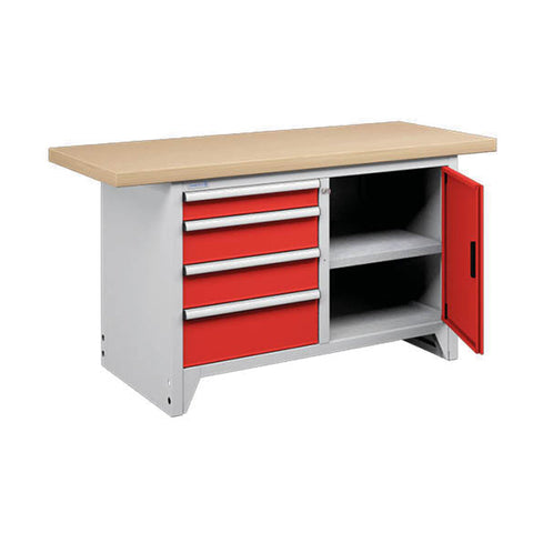Polstore Modular Workbench With 4 Drawers & 2 Shelves - Light Grey/Red - 1500mm (W) x 750mm (D)