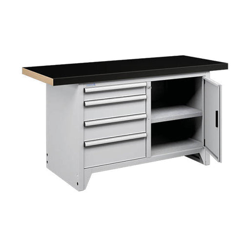 Polstore Modular Workbench With 4 Drawers & 2 Shelves - Rubber Cover - Light Grey - 1500mm (W) x 750mm (D)