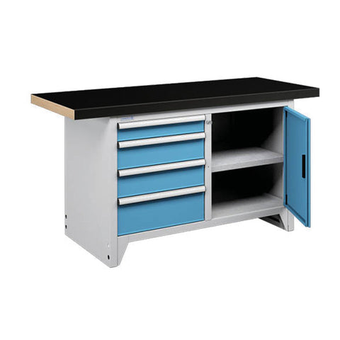 Polstore Modular Workbench With 4 Drawers & 2 Shelves - Rubber Cover - Light Grey/Light Blue - 1500mm (W) x 750mm (D)