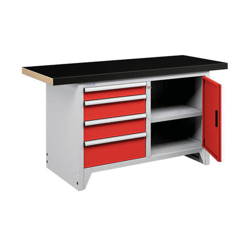 Polstore Modular Workbench With 4 Drawers & 2 Shelves - Rubber Cover - Light Grey/Red - 1500mm (W) x 750mm (D)