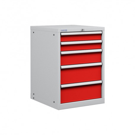 Polstore Cabinet - 5 Drawers 27x36EH - 90% Extension - Light Grey/Red - 564mm(W) x 725mm(D) x 850mm(H)