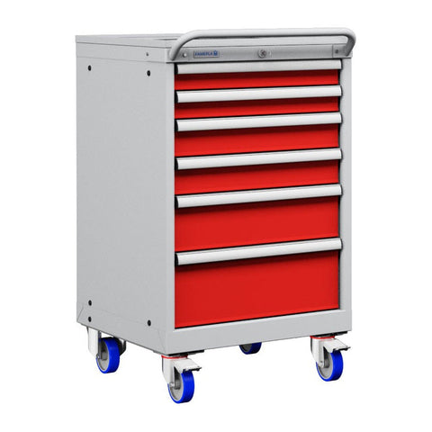 Polstore Mobile Cabinet - 6 Drawers 27x27EH - 100% Extension - Light Grey/Red - 572mm(W) x 627mm(D) x 927mm(H)