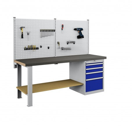 Polstore Workbench Combo - 5 Draws & 6 Panels Multiplex Top - Rubber Cover - Light Grey/Dark Blue - 2000mm(w) x 750mm(d)