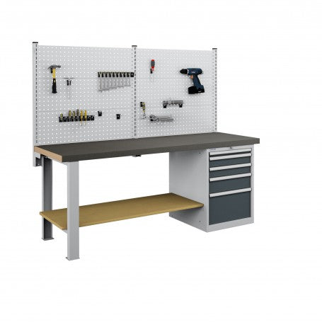 Polstore Workbench Combo - 5 Draws & 6 Panels Multiplex Top - Rubber Cover - Light Grey/Dark Grey - 2000mm(w) x 750mm(d)