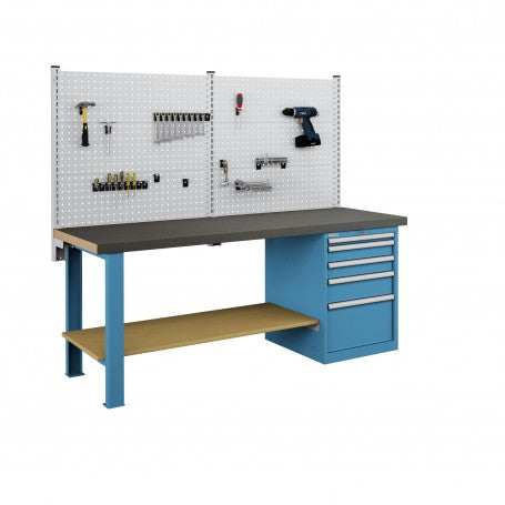 Polstore Workbench Combo - 5 Draws & 6 Panels Multiplex Top - Rubber Cover - Light Blue - 2000mm(w) x 750mm(d)