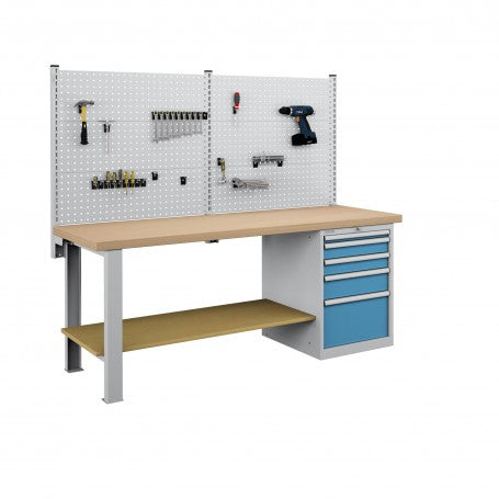 Polstore Workbench Combo - 5 Draws & 6 Panels Multiplex Top - Light Grey/Light Blue - 2000mm(w) x 750mm(d)