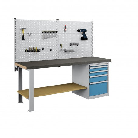 Polstore Workbench Combo - 5 Draws & 6 Panels Multiplex Top - Rubber Cover - Light Grey/Light Blue - 2000mm(w) x 750mm(d)