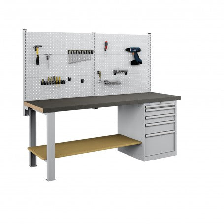 Polstore Workbench Combo - 5 Draws & 6 Panels Multiplex Top - Rubber Cover - Light Grey - 2000mm(w) x 750mm(d)