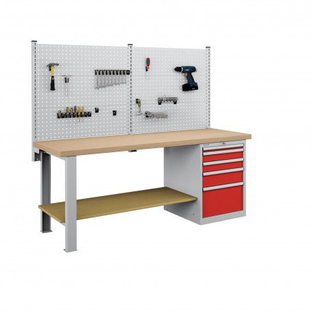 Polstore Workbench Combo - 5 Draws & 6 Panels Multiplex Top - Light Grey/Red - 2000mm(w) x 750mm(d)