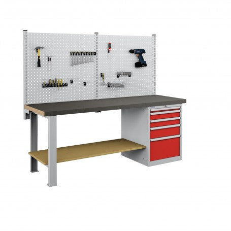 Polstore Workbench Combo - 5 Draws & 6 Panels Multiplex Top - Rubber Cover - Light Grey/Red - 2000mm(w) x 750mm(d)
