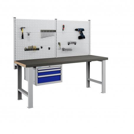 Polstore Workbench Combo - 3 Draws & 6 Panels Multiplex Top - Rubber Cover - Light Grey/Dark Blue - 2000mm(w) x 750mm(d)