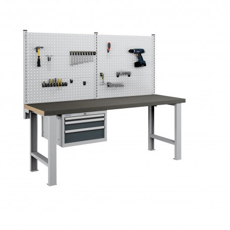 Polstore Workbench Combo - 3 Draws & 6 Panels Multiplex Top - Rubber Cover - Light Grey/Dark Grey - 2000mm(w) x 750mm(d)