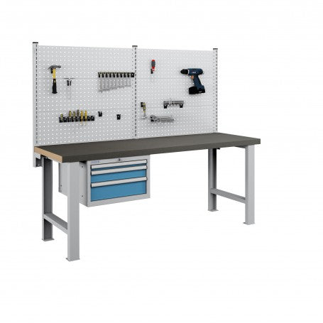 Polstore Workbench Combo - 3 Draws & 6 Panels Multiplex Top - Rubber Cover - Light Grey/Light Blue - 2000mm(w) x 750mm(d)