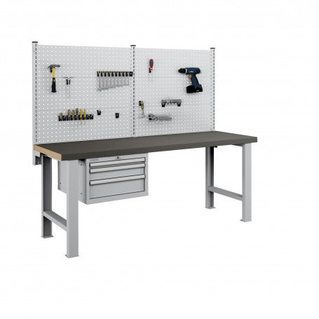 Polstore Workbench Combo - 3 Draws & 6 Panels Multiplex Top - Rubber Cover - Light Grey - 2000mm(w) x 750mm(d)
