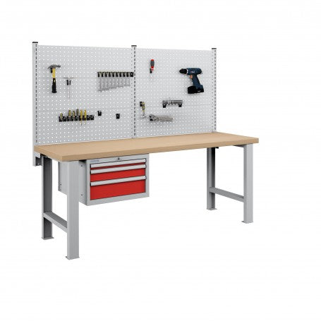 Polstore Workbench Combo - 3 Draws & 6 Panels Multiplex Top - Light Grey/Red - 2000mm(w) x 750mm(d)