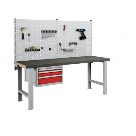 Polstore Workbench Combo - 3 Draws & 6 Panels Multiplex Top - Rubber Cover - Light Grey/Red - 2000mm(w) x 750mm(d)